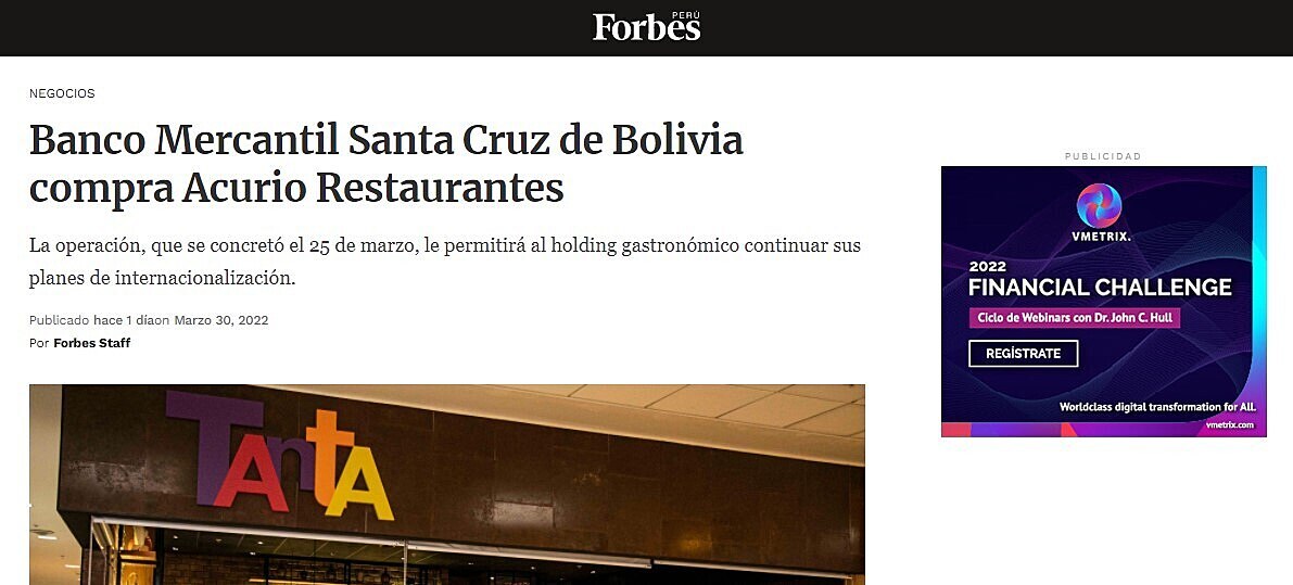 Banco Mercantil Santa Cruz de Bolivia compra Acurio Restaurantes